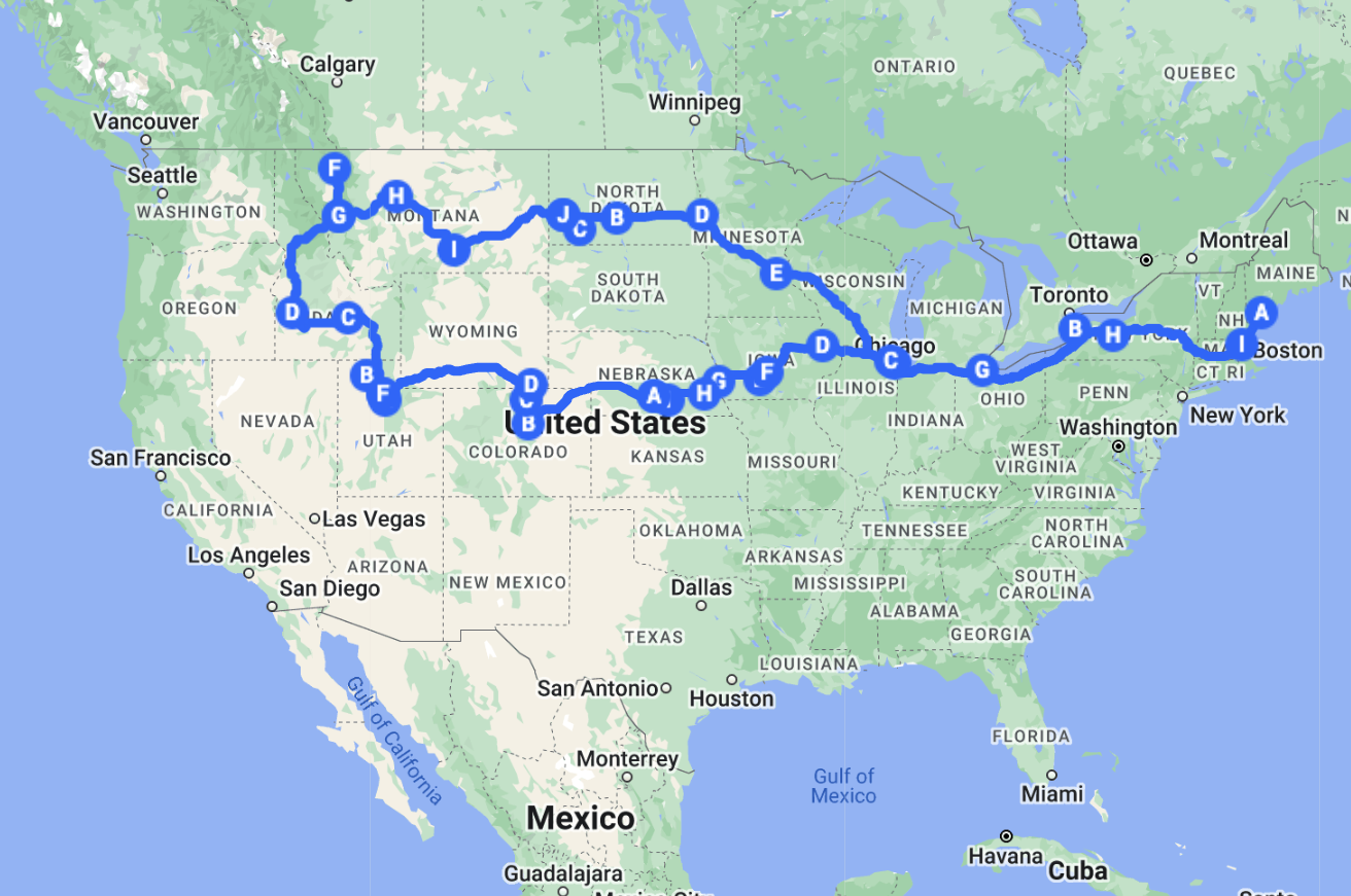 Road Trip map to Montana 2019